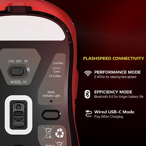 MANBASNAKE Attack Shark X3 49g Ultra-Lightweight Wireless Gaming Mouse, Red | Bluetooth 5.2/2.4G Wireless/Wired, PAW3395 Gaming Sensor, 26K DPI, 200h Battery Life, Programmable Buttons for PC/Mac/Win - color: Red