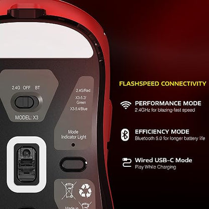 MANBASNAKE Attack Shark X3 49g Ultra-Lightweight Wireless Gaming Mouse, Red | Bluetooth 5.2/2.4G Wireless/Wired, PAW3395 Gaming Sensor, 26K DPI, 200h Battery Life, Programmable Buttons for PC/Mac/Win - color: Red