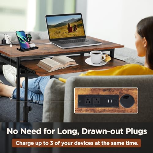 FAHKNS Adjustable C Table with Charging Station, Tiltable Desk C Shaped End Table for Couch, Over Bed Table with Wheels Adjustable Height, Hospital Laptop Stand Drawing Desk