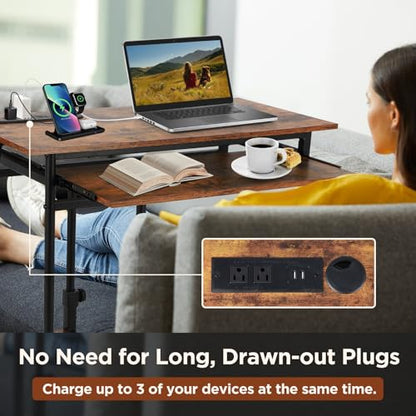 FAHKNS Adjustable C Table with Charging Station, Tiltable Desk C Shaped End Table for Couch, Over Bed Table with Wheels Adjustable Height, Hospital Laptop Stand Drawing Desk