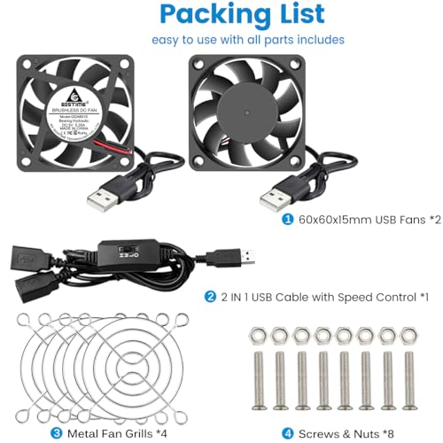 GDSTIME Dual 60mm x 15mm USB Fan w/ 3 Speed Control 5V Brushless DC Cooling | 2 in 1 USB PC Fans, for Router, Modem, NVR, Raspberry Pi, Mini Computer, Ebike Battery Charging Case, DIY Project Ventilation - size: 60x15mm