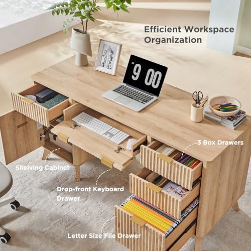 T4TREAM Fluted Executive Desk with Drawers, 60" Modern Home Office Computer Desk with Charging Station, File Cabinet, Keyboard Tray and Storage Cabinet for Study, Living Room, Bedroom, Natural Oak - color: Natural Oak