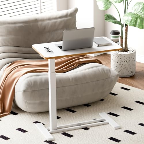 SANODESK Mobile Standing Desk with Hidden Wheels,Pneumatic Laptop Desk Rolling Computer Cart Movable Height Adjustable Small Sit Stand Desk for Home Office(27.6" W x 15.7" D, White+Maple Band) - color: White Maple, size: 28x16