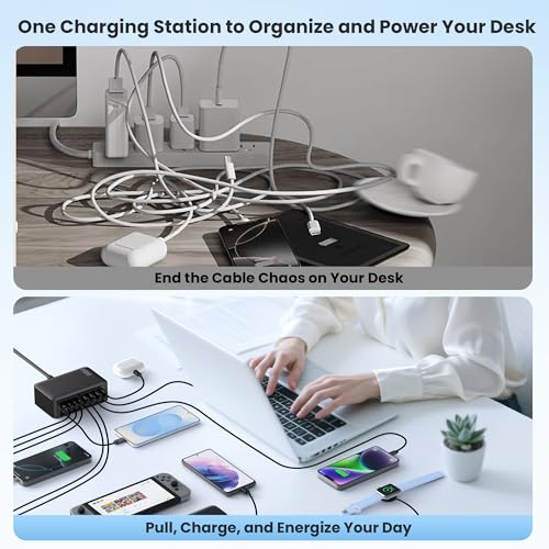 345W USB C Charger 10 in 1 Retractable Wall Charger with 2 Cables,GaN 6 USB C Charging Station Phone Charging PD Laptop Charger Adapter for MacBook Pro/Air,DELL,iPhone17/16/15,Galaxy S24,Android etc - color: Black, size: 345W