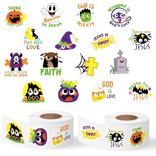 Haooryx Halloween Religious Sticker Rolls - 1000Pcs Christian Religious Stickers Pumpkin Ghost Spider Bible Verse Self Adhesive Waterproof Vinyl Water Bottle Page Activity Pad Party Favor Junk Journal - style: Religious Theme Halloween 2Roll