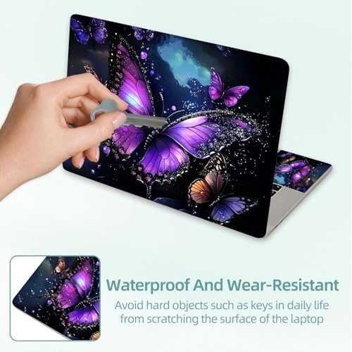 Universal Laptop Skin Decal, 3-Piece Vinyl Protector for 12 13 14 15.6" Notebook, Waterproof Anti-Scratch, Easy Trim & Bubble-Free Finish, Purple Butterfly with Glittering - color: Purple Butterfly with Glittering