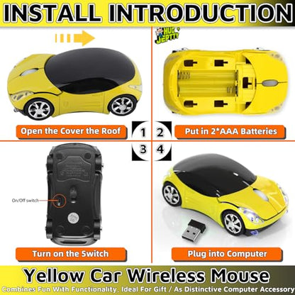 Yellow Wireless Mouse，1600DPI 2.4G with USB Reciver Car Mouse for Computer Wireless Computer Mouse Wireless Cute Wireless Mouse for Laptop Tablet for Mac OS Windows （Yellow） - color: Yellow