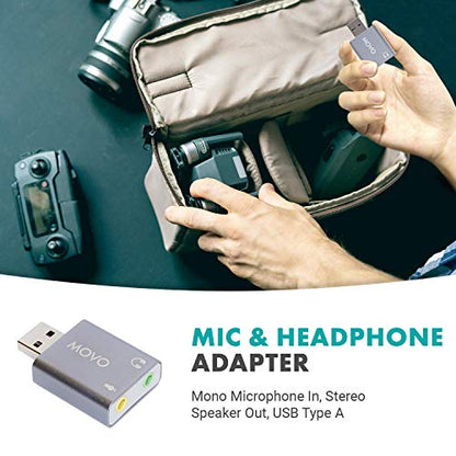 Movo USB-AC1 3.5mm TRRS Microphone to USB 2.0 Stereo Digital Audio Converter - USB Sound Card Adapter for Computer or Laptop - Convert USB Input to 3.5mm TRRS Headphone or Mic Jack