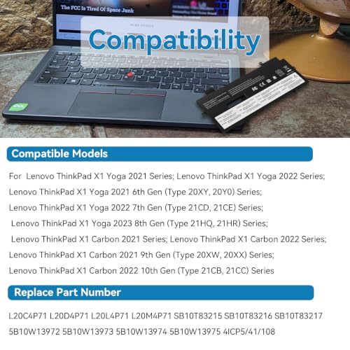 Futurebatt L20M4P71 SB10T83216 Laptop Battery Replacement for Lenovo ThinkPad X1 Carbon 9th 10th 11th Gen X1 Yoga 6th 7th 8th Gen Series L20C4P71 SB10T83217 L20D4P71 L20L4P71 L20C4P71 - size: L20M4P71 11.18 5.59 0.67in