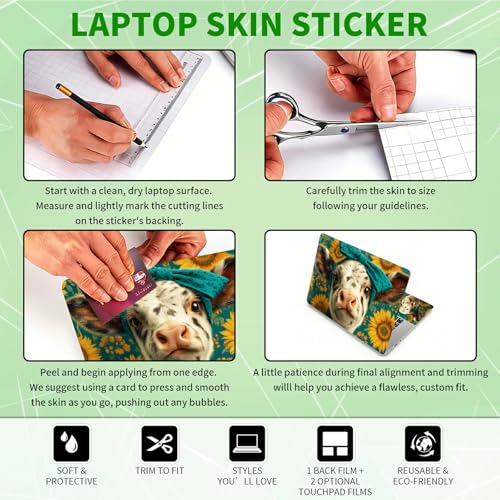 Laptop Skin Sticker Decal, Universal Protective Cover Fit 12 13 14 15.6 Inch Notebook, Reusable Water-Resistant Vinyl Decal w/ 2 Wrist Pads for Business Travel Office, Cow Sunflower - color: Cow Sunflower