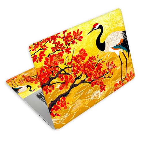 Universal Laptop Skin Decal, 3-Piece Vinyl Protector for 12 13 14 15.6" Notebook, Waterproof Anti-Scratch, Easy Trim & Bubble-Free Finish, Red Flower Tree Crane - color: Red Flower Tree Crane