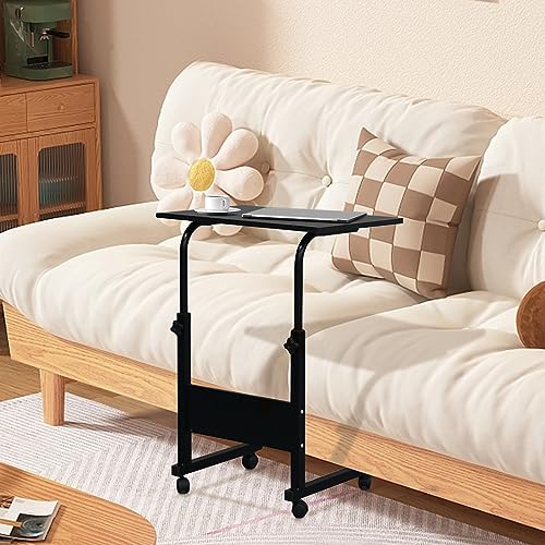 Karl home Small Side Mobile Table 23.6 inch Computer Desk with Wheels Height Adjustable Rolling Potable Laptop Cart, C-Shaped Bed Couch End Tables with Edge Stopper for Living Room Bedroom, Black - color: Black, size: 23.6"+No Power Sockets