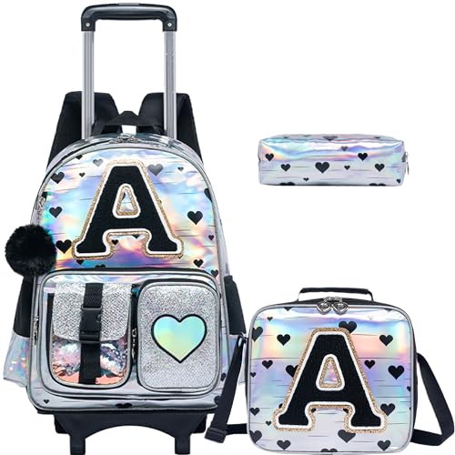 HTgroce Cute Rolling Backpack with Wheel,School Backpack for Kids Girl Roller Schoolbag Wheeled Backpacks Set Carry-on Luggage,Initial A - color: Silver, style: A