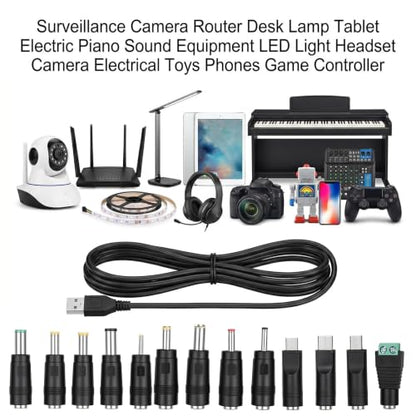 DC 5V Power Cord USB to DC Power Cable Universal | DC 5.5x2.1mm Cable with 13 Connectors for Router LED Light Mini Fan Speaker and More 5V Devices
