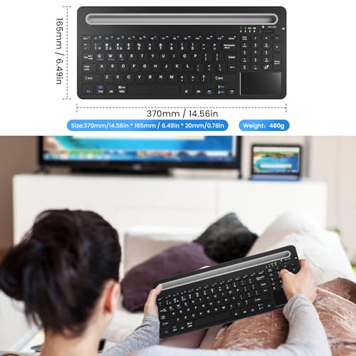 Silent Keyboard with Touchpad, Wireless Bluetooth Multi-Device | 3-in-1 Bluetooth 2.4G USB Wired, Rechargeable with Silicone Stand for PC Mac iPad Phone, Black