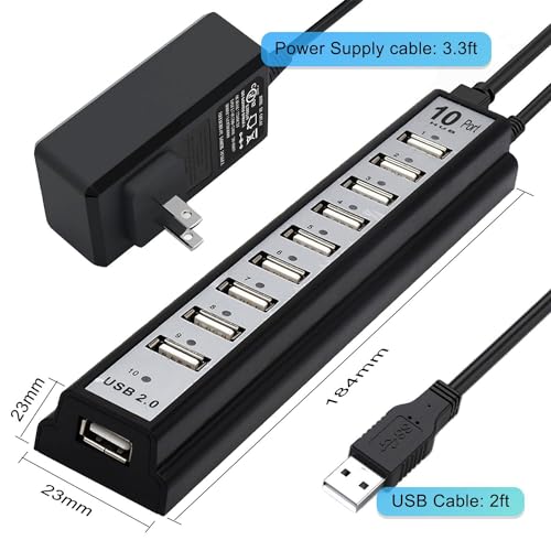Powered USB Hub 2.0, VIENON 10-Port USB Hub USB Extender Splitterwith Individual LED Indicator Light for MacBook, PC, Laptop, Desktop - style: Powered 10-Port
