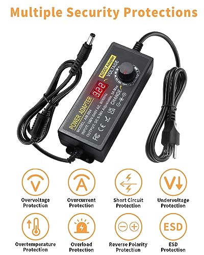 108W Universal Power Supply 9V 12V 14V 15V 16V 18V 19V 20V 24V 30V 36V Adjustable Variable AC/DC Adapter with Voltage Displays, 100V-240V AC to DC 9V~36V Converter 0.5A 1A 1.2A 1.5A 2A 2.5A 3A Max - style: 9-36V 3A 108W