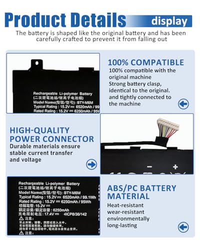 99.99Wh BTY-M6M Battery for MSI GS66 Stealth 10SE 10SF 11UE 11UH GE66 Raider 10UG 11UG GE76 for Dragon Tiamat 11UH WS66 10TM 11UMT 11UKT - 15.2V 6578mAh 4-Cell - size: 13.15*3.19*0.35 IN BTY-M6M