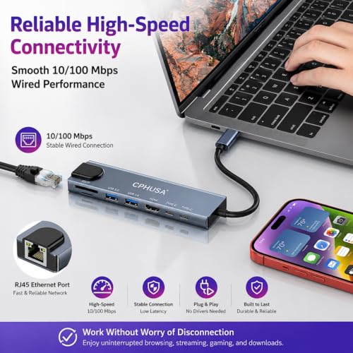 8-in-1 USB C Docking Station, Type C Hub with 4K HDMI Output, Ethernet RJ45, 100W Power Delivery, SD/TF Card Slots & High-Speed USB Ports for MacBook, Surface, iPad Pro & USB-C Laptops