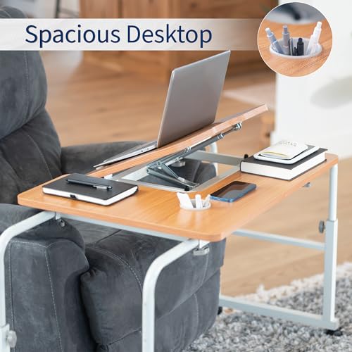 VIVO Mobile Over the Bed and Recliner Table, Tilting Laptop Tray with Height and Length Frame Adjustment, Ergonomic Overbed Kids and Adult Desk on Wheels, Light Wood, DESK-V202A - color: Light Wood