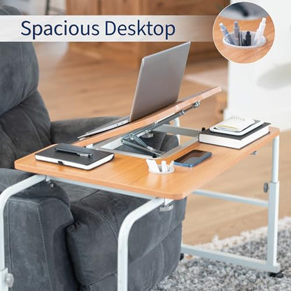 VIVO Mobile Over the Bed and Recliner Table, Tilting Laptop Tray with Height and Length Frame Adjustment, Ergonomic Overbed Kids and Adult Desk on Wheels, Light Wood, DESK-V202A - color: Light Wood
