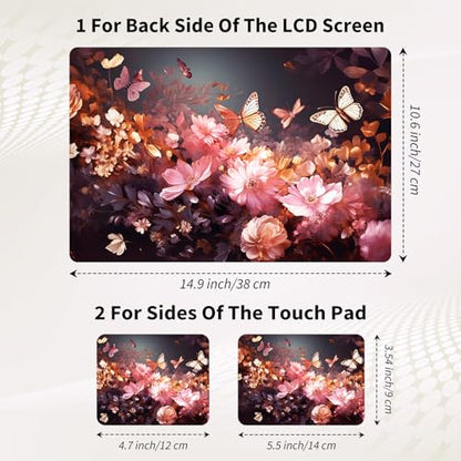 Laptop Skin Sticker 3-Piece Set,Flowers Butterflys | Trim-to-fit 3-piece vinyl set with one 15 x 10.6 in lid skin and two palm-rest decals for many 12-15.6 in laptops - color: Flowers Butterflys