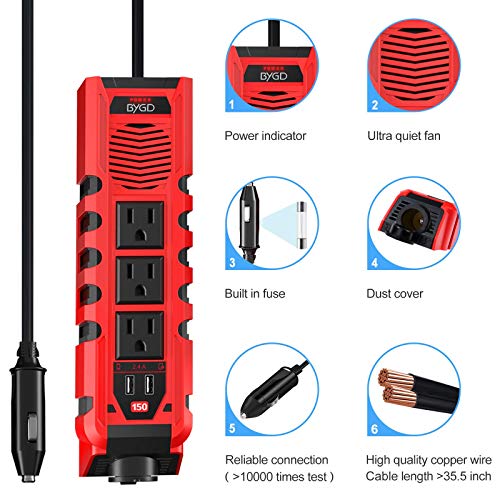 150W Car Power Inverter DC 12V to 110V AC Converter with 3 AC Outlets 2 Quick Charger 4.8A Dual USB Ports Cigarette Lighter Socket Charger Adapter - size: 150 Watt/Modified Sine Wave