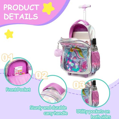 Kids Rolling Mermaids Backpack for Girls Sequins Trolley Suitcases Luggage Travel with Wheels Bookbag Wheeled 17" Roller Backpacks Toddler Back Pack School Bags for Elementary Golden Heart - color: 5416-meirenyu-golden
