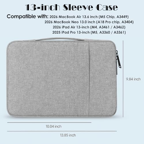 : ProElife 13 Inch Laptop Sleeve for MacBook Neo, Retractable Handle, Gray | Precision Fit, Soft Inner Lining Padded, Anti-Scratch, Extra Attached Pocket, Travel Carry Laptop Bag for Home Office - color: Gray
