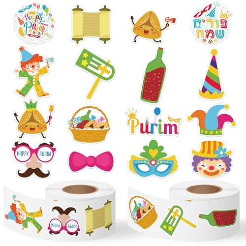 CNhoqc Happy Purim Sticker Roll - 1000 Pcs Cartoon Chag Purim Sameach Hamantaschen Gragger Waterproof Vinyl Reusable Laptop Stickers Coloring Book Scrapbook Water Bottle Page Activity Pad Party Favors - style: Cartoon Happy Purim