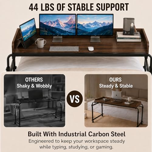 Over Bed Table with Wheels, Width & Height Adjustable, Rolling Over the Bed Desk with Cup Holder & Raised Baffle, Mobile Laptop Desk for King Queen Size Beds, Home Office, Bedroom Hospital Workstation
