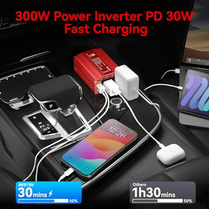 BESTEK 300W Car Power Inverter - DC 12V to 110V AC Car Plug Adapter with 30W USB-C & 18W USB-A Dual AC Outlet, Fast Car Charger Adapter for Laptop, Vehicles, Road Trip Essentials - color: Red