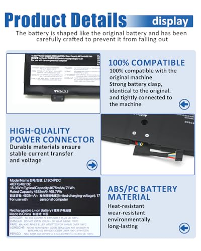 71Wh L19C4PDC L19M4PDC Battery Replacement for Lenovo Ideapad Yoga 7-14ITL5 82BH 7-15ITL5 82BJ Series Notebook L19L4PDC B10Z26482 SB10Z26481-15.36V 4675mAh - size: 11.22*3.58*0.24 IN L19C4PDC
