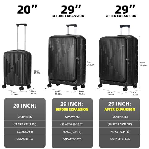 Kaleenie 2 PCS 20/29 Luggage Sets, 20” Cabin Luggage 29” Side Open Suitcase | 20 Inch with Front Pocket,29 Inch Checked Trunk Suitcase,Lightweight ABS+PC Hardshell,TSA Lock,HINOMOTO 360° Wheels,Black - color: Dark Black, size: 20/29 Set