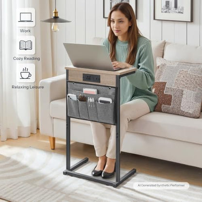 HOOBRO C Shaped End Table with Charging Station, 28" H Couch Side Table Slide Under, Sofa Arm Tray Table with Storage Bag for Living Room, Recliner, Greige BG70USF01 - color: Greige