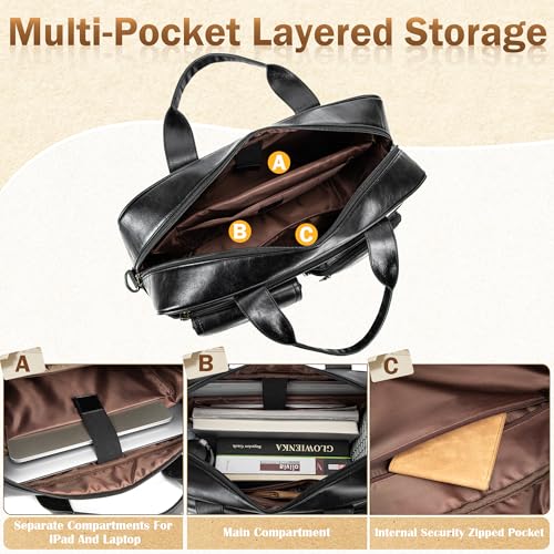Briefcase for Men 15.6 Inch Laptop Messenger Bag Faux Leather Multi-Pocket Business Work Bag Waterproof Office Travel Tote - color: Black
