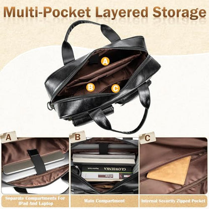 Briefcase for Men 15.6 Inch Laptop Messenger Bag Faux Leather Multi-Pocket Business Work Bag Waterproof Office Travel Tote - color: Black