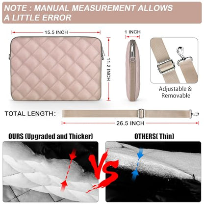 Puffy Quilted Laptop Sleeve with a Removable Shoulder Strap Compatible with MacBook Air 15 inch M2 A2941 2023/Pro 15 A1990 A1707, 15 Surface Laptop 5/4/3,Dell XPS 15,HP Stream 14 inch - color: Sleeve - Khaki, size: 15 inch