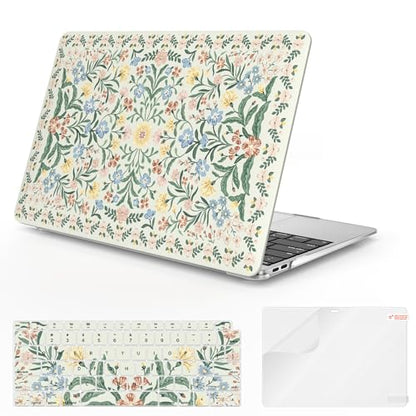 iCasso Compatible with MacBook Air 13 inch Case 2020-2018 Release A2337 M1 A2179 A1932, Slim Anti-Scratch Protective Plastic Hard Shell Case+Keyboard Cover for Mac Air 13.3-Green Floral - color: B-Green Boho Floral