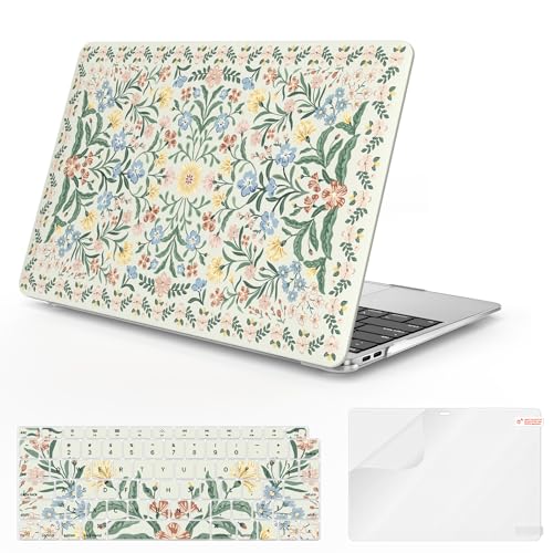 iCasso Compatible with MacBook Air 13 inch Case 2020-2018 Release A2337 M1 A2179 A1932, Slim Anti-Scratch Protective Plastic Hard Shell Case+Keyboard Cover for Mac Air 13.3-Green Floral - color: B-Green Boho Floral