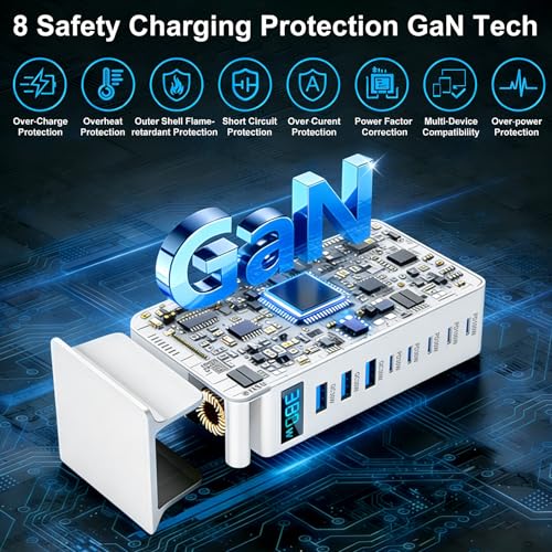 380W GaN III 8-Port Multi-Device USB-C Charger, PD 30W+100W PC Laptop Fast Charging Hub for MacBook/iPhone/iPad/Dell/Steam Deck, w/ 100W Cable, White