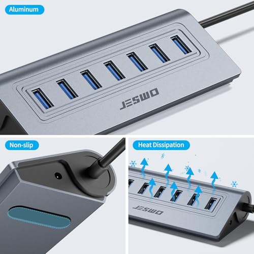 USB Hub 3.0, JESWO Aluminum 7 Port USB 3.0 Hub with 3.3Ft Cable, USB Splitter with 7-USB3.0 Data Ports Compatible with MacBook, Laptop,Surface Pro, PS5, PC and More (No Power Adapter Included) - color: Grey
