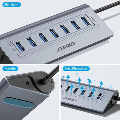 USB Hub 3.0, JESWO Aluminum 7 Port USB 3.0 Hub with 3.3Ft Cable, USB Splitter with 7-USB3.0 Data Ports Compatible with MacBook, Laptop,Surface Pro, PS5, PC and More (No Power Adapter Included) - color: Grey