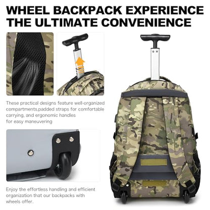 Boavan Rolling Backpack,17 inch Water Resistant Wheeled Backpack,Carry on Luggage Business Bag, Overnight College Computer Bag Trolley Suitcase for Men Women Adults to Travel - color: Army Camo, size: 17.3 inches