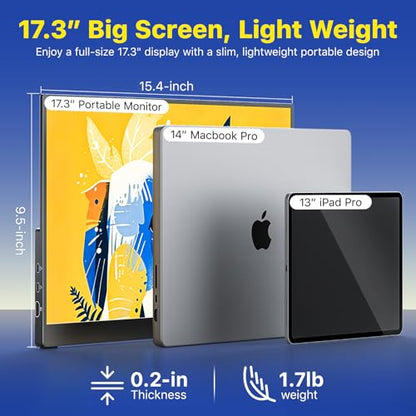 VisionOwl Portable Monitor for Laptop, IPS USB-C HDMI Travel Second Monitor for MacBook Pro Air, PC, PS5, Xbox, Portable Second Screen, Built-in Kickstand, Speakers, VESA Mountable, 17.3 Inch - size: 17.3
