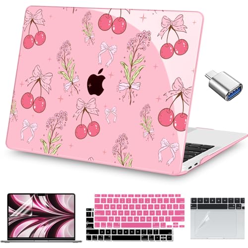 Teryeefi for MacBook Air 13 inch M1 Case 2020 2019 2018 (Model A2337 A2179 A1932), Clear Pink Hard Shell with Screen Protector Keyboard Cover Trackpad Film Type C Adapter, Cute Pink Cherry W128 - color: Cute Cherry W128