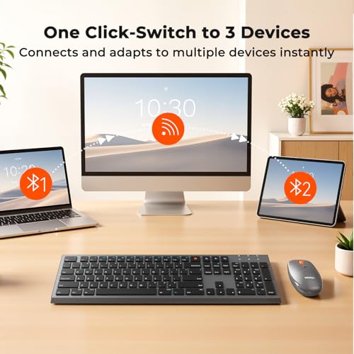 MEETION Multi-Device Bluetooth Keyboard and Mouse Combo, Slim, Silent | Slim rechargeable scissor-switch keyboard with 3200 DPI mouse. Works with Windows, Mac, PC and laptop