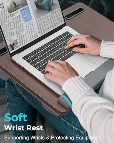 Potuopy Lap Desk- Fits up to 17” Laptop Lap Desk with Wrist Pad, Laptop Lap Pad, Lap Desks for Adults Laptop Stand for Bed with Cushion and 2 Upgraded Mouse Pads, Tablet and Phone Slots (Dark Brown) - color: Dark Brown