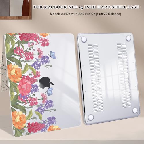 for MacBook Neo 13 inch Case 2026 Release A3404 Cover, Ultra-Thin Printed Pattern Plastic Hard Shell Case Protective Case for MacBook Neo 13 with Apple A18 Pro Chip, Pink & Purple Flowers - color: Pink & Purple Flowers