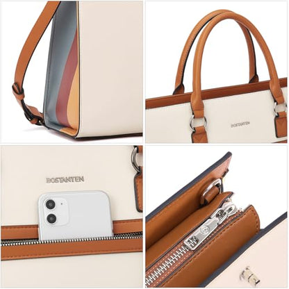 BOSTANTEN Leather Laptop Briefcase for Women Shoulder Bag 15.6 Inch Business Computer Work Tote - color: A-beige